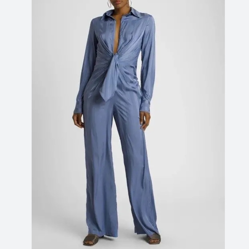 Choosy Blue Lafayette Striped Long Sleeve Deep V Wide Leg Jumpsuit